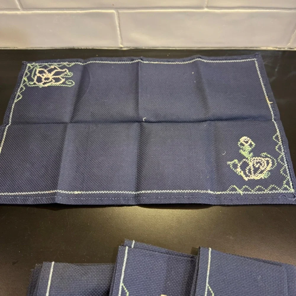 Vintage Placemats Set of 4 Navy Blue Rose Cross Stitch Floral Cottagecore 16x11
